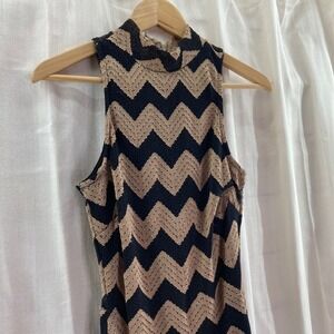 Privy Black & Beige Chevron Sleeveless Mock Neck Maxi Dress - Open Back Small